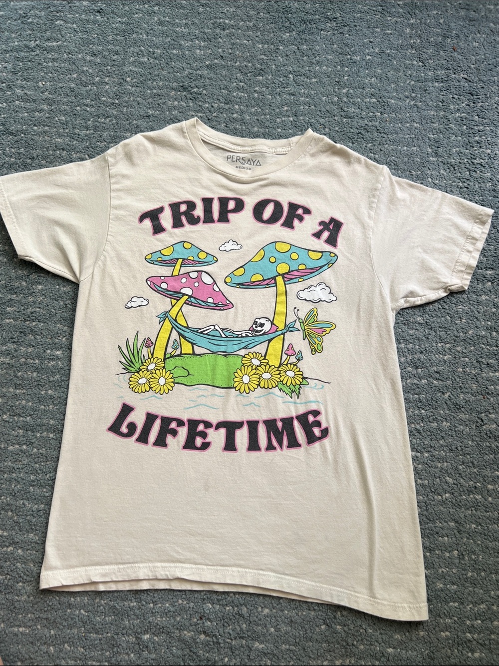Persaya Cream Graphic Tee with Colorful Mushroom Print